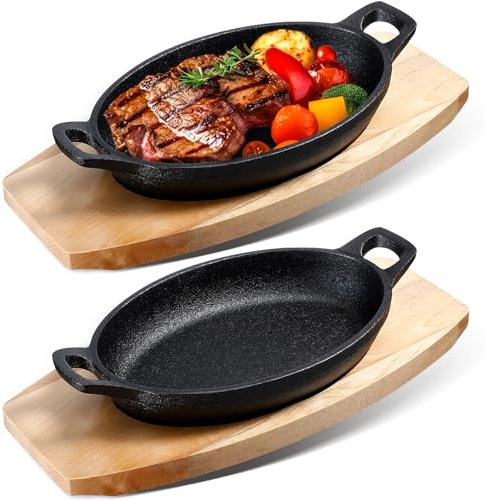 Mifoci 2 Pcs Mini Cast Iron Skillet with Wooden Base Small Cast Iron Fajita Plates Baker's Skillet Matte Black Pan Pot for Kitchen Restaurant Barbecue Dinner (8.5 x 6.1 x 1.7 Inches)