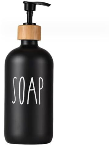 Distributeur de savon en verre noir de 500 ml avec pompe en bois rechargeable Boston ronde porte-savon pour les mains, distributeur de savon cosmétique