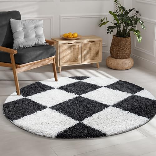SANAT Milano Shaggy Teppich - Hochflor Teppiche für Wohnzimmer, Schlafzimmer, Küche - Schwarz Weiss, Größe: 120 cm Rund