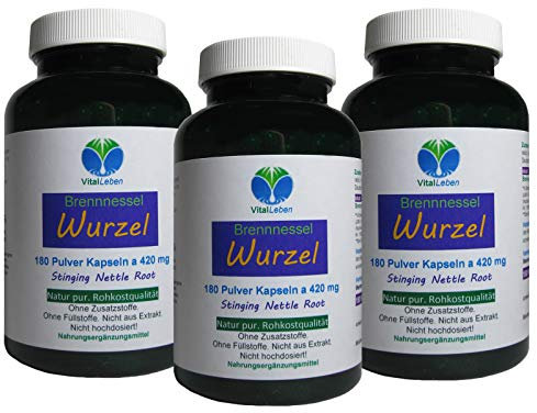 BRENNNESSELWURZEL 540 Kapseln (3x180) NATUR PUR Brennnessel Wurzel zur FREUDE von BLASE & PROSTATA nach Hildegard von BINGEN nicht aus Extrakt - OHNE ZUSATZSTOFFE 26950-5