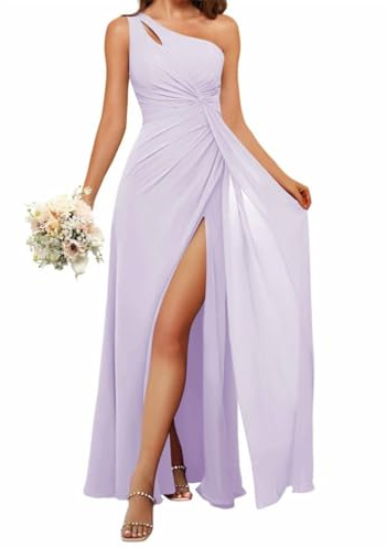 HPPEE Vestidos de dama de honor con un hombro descubierto y abertura, vestido largo formal de gasa para mujer, Lila, 38