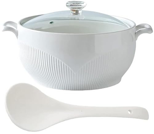 KRODEAIR White Ceramic Round Tureen,Ceramic Soup Bowl with Glass Lid and Spoon,Heat-resistant Premium Ceramic Ramen Bowls Cooking Soup Large Soup Container for Home Office College Dorm,1.5L