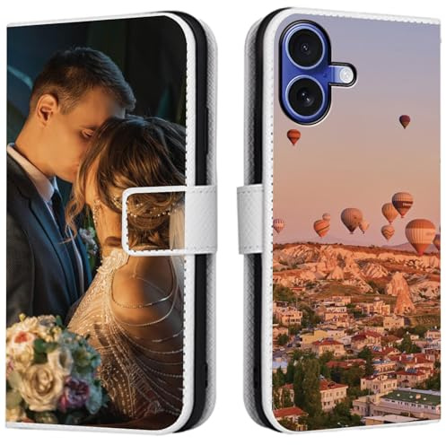 CAXKJE Lederhülle für iPhone 16 Personalisierte Handy Hülle,mit Eigenem Foto Bild Text Individuelle Schutzhülle,Leder Flip Case Schutzhülle Stoßfest Hülle -SAMHD-White