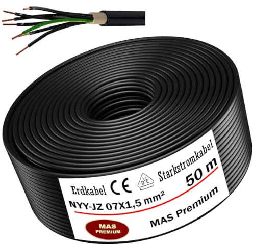 MAS Premium NYY-JZ - Cavo elettrico ad alta tensione da 5 m a 100 m, 7 x 1,5 mm², anello per posa all'aperto, terra (50 m)
