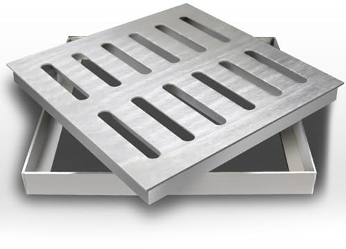 Caniveau Exterieur Grille de Drainage pour Pavés Extérieurs, Grille de Drainage Carrée pour Cour, Couvercle de Drain en Acier Inoxydable 304 avec Base, Couvercles de Crépine de Drain pour Égouts(25x25