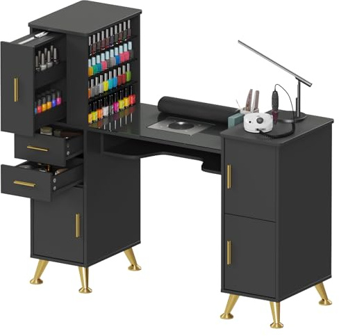 Manicure Table Nail Desk with Glass Top & Wrist Rest, Nail Station with Dust Collector & 4 Dust Bags, Beauty Salon Workstation with Storage Drawers & Cabinet (Black)