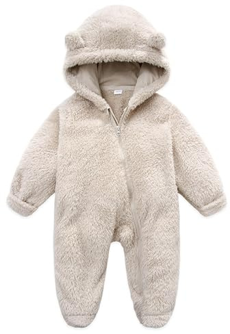 Geagodelia Toddler Infant Baby Boy Girl Romper Snowsuit Long Sleeve Bear Shaped Footies Hooded Button Up Full Length Plush Zipper Closure Winter Warm Fuzzy Fleece Jumpsuit (Beige, 6-9 Months)
