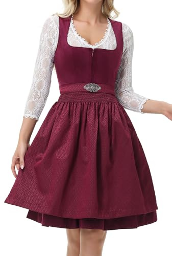 TrendiMax Damen Midi Dirndl - Elegant Samt Dirndlkleid Trachtenkleid für Oktoberfest mit Blumenmuster Schürze 34-46