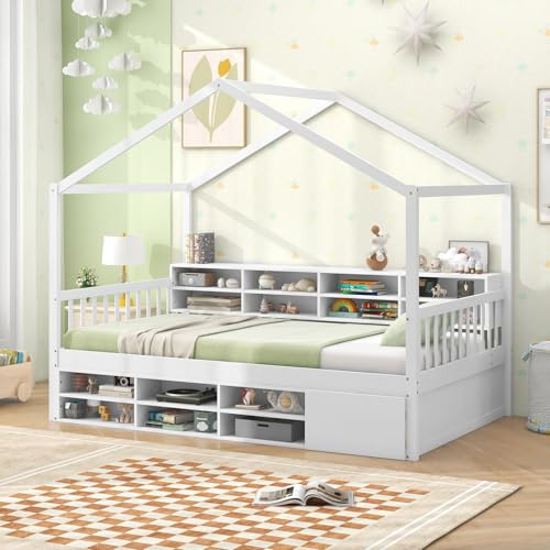 COSTWAY Cama Casita 90 x 200 cm, Cama Infantil de Madera con 14 Cubos y Armario, Barandilla de Seguridad, Cama Montessori Niños y Adolescentes, Carga 200kg