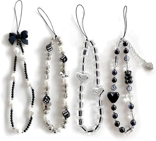 4PCS Black Crystal & Pearl Charm Set - Phone, Camera, Key, Purse Lanyard & Bracelet Chain for Women