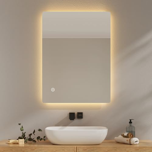 EMKE Badspiegel mit Beleuchtung 60x80cm, 3 Lichtfarben dimmbar | Badezimmerspiegel mit Anti-Beschlag-Funktion, Touchschalter, Speicherfunktion, automatische Abschaltung nach 3 Stunden