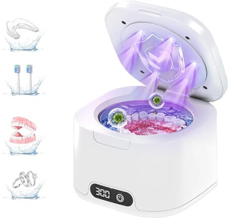 auvstar Limpiador Ultrasonidos con Ultrasonidos Limpieza 49000 Hz - 340 ml | Temporizador 4 Etapas + Limpieza UV | Para Prótesis Dentales,Férulas, Instrumentos Ortodoncia y Joyas (Blanco)