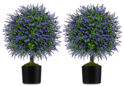 COSTWAY Set 2 Alberi di Topiario Artificiali con Lavanda e Vaso con Cemento | Pianta Finta di Bosso da 58 cm Resistente al Sole per Interni ed Esterni