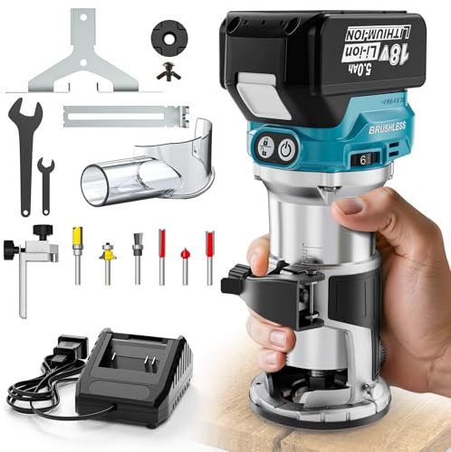 MtiolHig Kabelloser kompakter Oberfräse, kompatibel mit Makita 18 V Akku, mit 1 x 5,0 Ah Akku, 6 Stück Fräser-Bits für Holzbearbeitung, 6 variable Geschwindigkeiten Router mit Trimm-Bits
