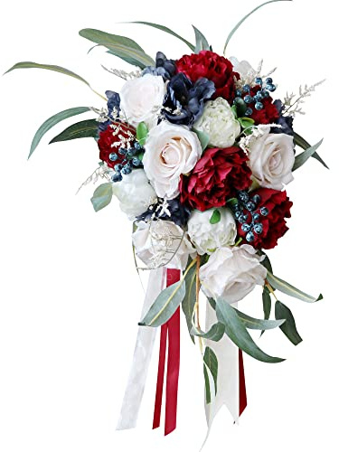 HTTGDGDH Bouquet da Sposa con Rose, Fiori Artificiali, Bouquet da Sposa A Cascata Rosso E Bianco per Cerimonia di Nozze, Anniversario, Addio al Nubilato E Rustico Francese.