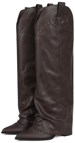 EQAUDES Fall Leather Boots for Women Brown Fold Over Slouchy Tall Boot - Knee High,Snip Toe,Shark Studded,Cowgirl Cowboy,Fashion Boots,Pull on