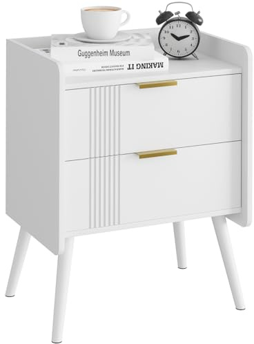 Garden 4 you White Bedside Table, Nightstand, Bed Side Table with Wood Decorated Drawers, Modern Bedside Cabinet, Bedroom End Table with Storage, Quick Easy Assembly (White)