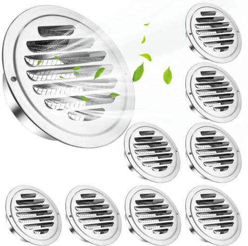YOFAPA 8 Pcs Air Soffit Vents, 4 Stainless Steel Air Outlet Vents, Round Louvered Grille Covers with Screen Mesh, Flat Ducting Air Ventilation Outlet Hoods, Wall Air Soffit Vents for Home, Office