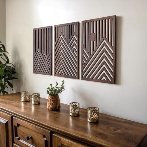 PAEFIU 3 Stücke Holz Geometrische Wandkunst, Hängende Moderne Wandskulpturen, Hohl Boho-Wanddekoration, Lattenrost Wandbehang, Naturholz Abstrakten Wandpaneelen, für Küche, Schlafzimmer (Braun)
