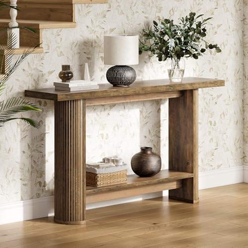Tribesigns Moderner Konsolentisch, Schmaler Flurtisch Sofatisch mit 2 Ablage, 140 x 30 x 80 cm, Konsolentisch Holz Hinter der Couch für Wohnzimmer, Flur, Eingang, Braun