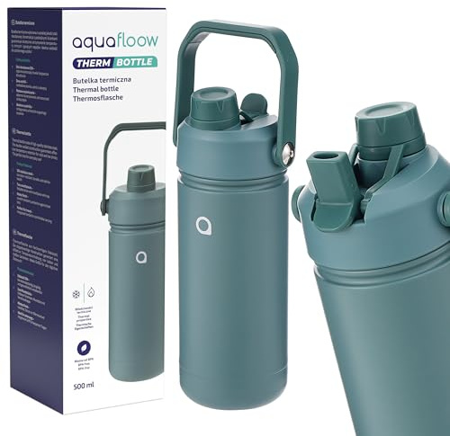 Aquafloow Bouteille Isotherme en Inox, Double Paroi, Thermos isotherme avec paille 500ml+ bouchon à vis, Gourde Isotherme anti fuite, idéale pour sport, voyage, ecol- Vert