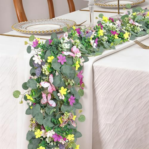 MEIVINES 2PCS Artificial Daisy Garland with 3D Butterfly 5.68FT Fake Wildflower Garland Spring Flowers Garlands Greenery Eucalyptus Floral Vines for Home Table Mantle Wedding Backdrop Decor