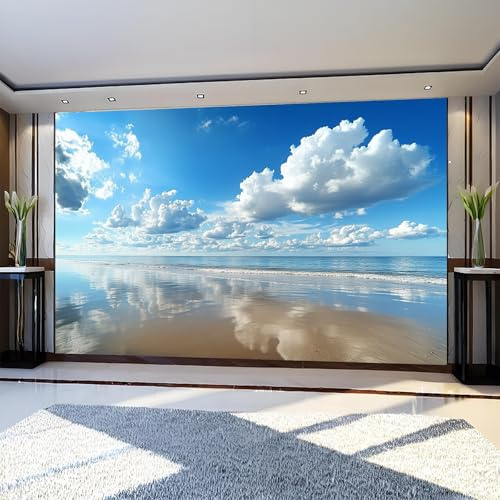 Fotomural Playa arena nubes 450 x 315 cm Azul Papel Pintado Tejido No Tejido Decorativo con Diseño Fotográfico Moderno