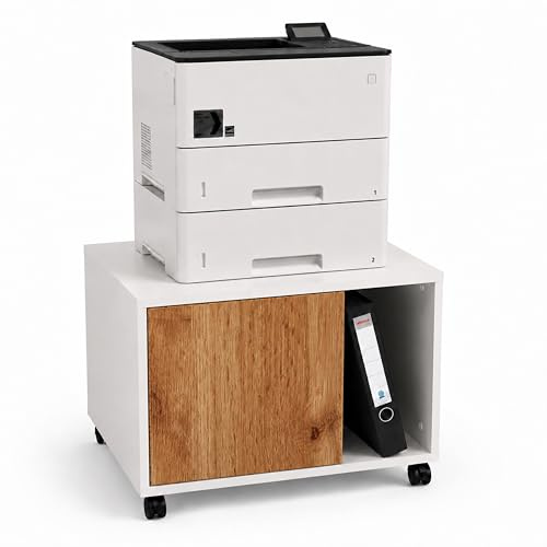 SIMPLYFURN Druckerschrank Amira Eiche Wotan Front, Druckerkommode mit Rollen, 58x52x44 cm, Push-to-Open Tür, extra tief und geschlossen