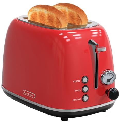 Toaster 2 slice,Retro Stainless Steel Toaster with 6 Settings, 1.5 In Extra Wide Slots, Bagel/Defrost/Cancel Function, Removable Crumb Tray (Red)