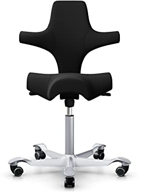 HAG Capisco 8106 Ergonomischer Bürodrehstuhl Sattelhocker mit Balance Movement Mechanik - Standard Gasfeder 200 mm - Sitzhöhe 47-65,5 cm - Weiche Rollen - Silber - Xtreme EXR009 Polster Schwarz