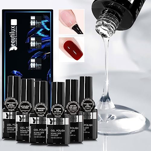 Beautilux Kit de capa superior de esmalte de uñas UV LED Gel para decoración de uñas Barniz Capa superior Base de goma Juego de gel de diamantes de imitación 6x10ml (Kit de base superior)