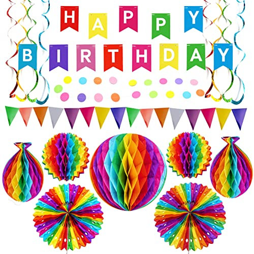 Geburtstagsdeko set, Happy Birthday Girlande, Kindergeburtstag Deko für Mädchen Junge,Wiederverwendbare Party Zubehör Bunt Wimpelkette Geburtstag, Wabenbälle, Papier Fächer und Pompons Dekoration