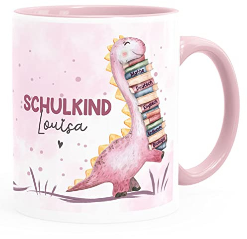 SpecialMe® Tasse Schulkind Dino Geschenk Einschulung personalisiert mit Namen Kindertasse aus Keramik für Jungen Mädchen Weiss-innen-rosa standard