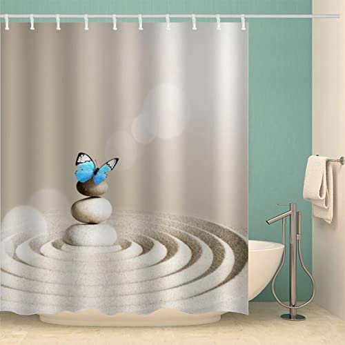 MOXINO Zen Duschvorhang Anti-Schimmel 120x180 cm Polyester Stoff Textil Waschbar Badvorhang 3D Stein Schmetterling Motiv Design Duschvorhänge Wasserdicht Badezimmer Vorhänge mit 12 Haken