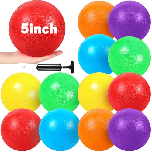 Hiboom 12 Pcs Playground Balls 5 Inch Dodgeball Playground Balls Kick Outdoor Inflatable with 1 Pcs Hand Pump for Adults Yoga Exercise Gym Schoolyard(Multi Color)