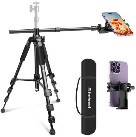 Elitehood Overhead - Treppiede per cellulare, 180 cm, orizzontale, con testa a sfera regolabile a 360°, per riprese video con braccio lungo 63,5 cm, con custodia per il trasporto/supporto a clip
