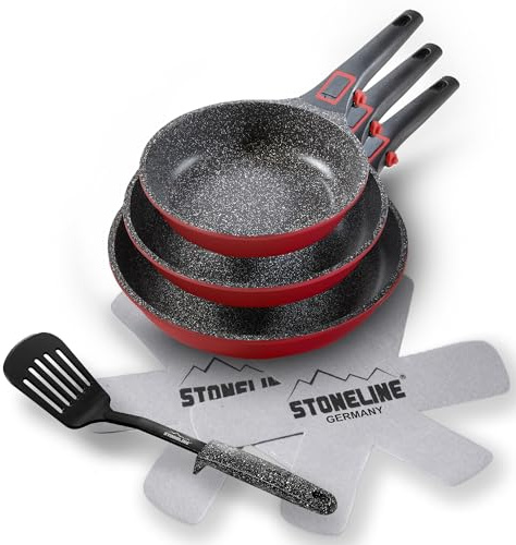STONELINE SMART Pfannenset 6-teilig 20/24/28 cm ☆ REDESIGN 25/26 ☆ Pfanne Aluguss, Abnehmbarer Griff Pfannenwender Pfannenschützer, Pfanne Induktion, Alle Herdarten, Antihaftbeschichtet mit echten