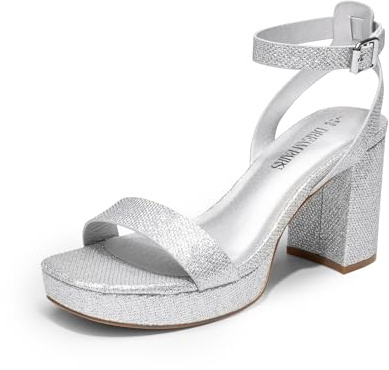 DREAM PAIRS Tacones de plataforma para mujer, de bloque alto, gruesos, puntera abierta, correa al tobillo, a la moda, boda, fiesta, noche, baile, vestido de tacón, Plateado-escarcha, 38 EU