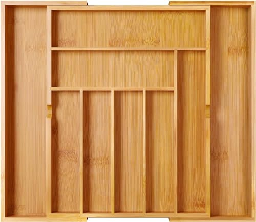 VIVAAS Drawer Organiser Expandable Bamboo Cutlery Tray Kitchen Drawer Dividers 7 to 9 Compartments Wooden Organiser for Silverware, Flatware In Kitchen Utensils, Bedroom, Living Room