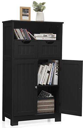 KOMFOTTEU Badezimmerschrank mit 2 Schubladen &1 Schrank & 1 offenen Regal, Badschrank 60 x 30 x 109 cm, Standschrank Holz, Aufbewahrungsschrank für Wohnzimmer, Schlafzimmer, Küche (Schwarz)