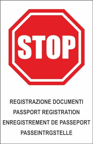 M-ITALY CARTELLO SEGNALETICO - multilingue 'stop registrazione documenti' - Adesivo Extra Resistente, Pannello in Forex, Pannello In Alluminio (30x42, Alluminio)