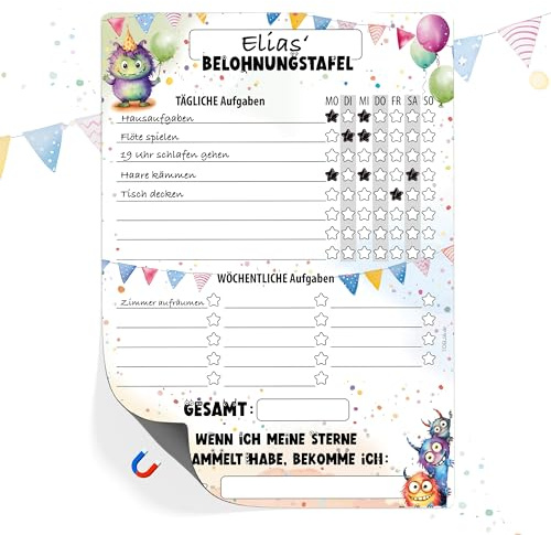 TOBJA Belohnungstafel Kinder A4 magnetisch - Spielerisches Töpfchentraining und Alltagsroutinen mit Einhorn, Dino oder Waldtiere Design - Für strahlende Kinder und entspannte Eltern (Monster)