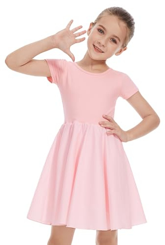 DGSHIRLDJO Vestido de verano de algodón de manga corta para niñas, color liso, corte en A, vestido de patinadora para niñas de 3 a 12 años, fiesta, festivo, escuela, princesa, boda, Rosado, 10-12