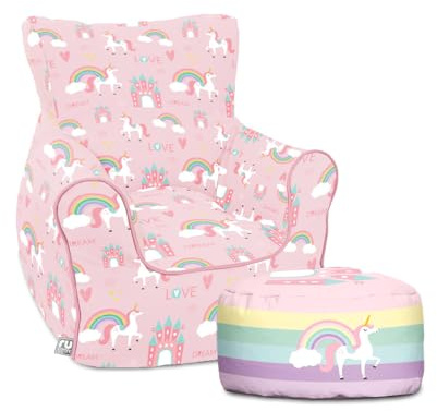 rucomfy Beanbags Unicorn Castle Childrens Armchair Bean Bag. Pastel Pink Rainbow Recliner Chair for Kids Comfort Support. Pre Filled Durable Machine Washable - L45 x W52 x H64cm (with Footstool)