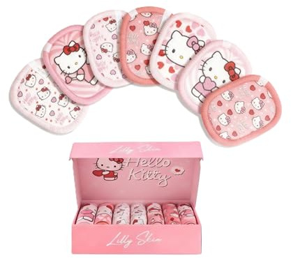 Pads Démaquillants Lavables et Réutilisables Lilly Skin - Lingettes Carrées Microfibres Nettoyantes et Exfoliantes pour la Peau du Visage - Boîte de 7 Pads en Tissu Simili Coton - Hello Kitty