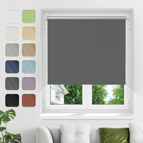 Verdunklungsrollo ohne Bohren Klemmfix, Dunkelgrau B90xH200cm(Stoffbreite85cm) Thermo Rollos für Fenster ohne Bohren Rollos Für Innen Verdunkelung& Sonnenschutz Seitenzugrollo Klemmrollos für Fenster