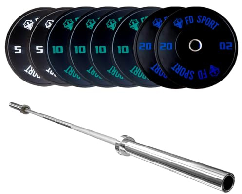Set Bumper con Bilanciere Olimpico 220 cm | Kit Bumper coppie 5 e 20 kg, quattro dischi da 10 kg foro 50 mm