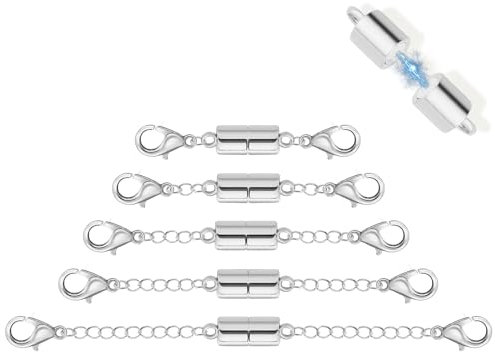 5Pcs Silver Magnetic Necklace Extender, Magnetic Necklace Clasps and Closures with Extender Chains, Adjustable Necklace Extenders, Bracelet Extender, Chain Extension for Necklaces, Multiple Sizes