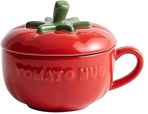 GLETSF Tazas Gigantes para Desayuno, Ensaladera, Taza De Cerámica para Sopa, Recipiente Único para Taza De Sopa, Tazones para Café, Té Y Sopa, Lindo Tomate con Tapa Y Asa, TazaRed Mug