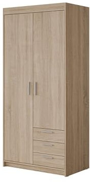 Mirjan24 Kleiderschrank Elena 2D3S mit 3 Schubladen, Drehtürenschrank mit Kleiderstange und 5 Einlegeböden, Schrank für Schlafzimmer oder Flur (Sonoma Eiche, Ohne Schrankaufsatz)